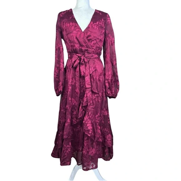 Lulu's Faux Wrap Midi Dress Large Party Holiday Chiffon Embroidered Asymmetrical - Picture 3 of 17